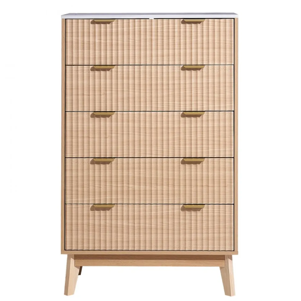 VEVOR 5 Fluted Drawer Dresser, Wooden Chest of Drawers with Sliding & Anti-tip Device, Modern Minimalist Dresser Chest, Closet Storage Organizer for Living Room, Hallway, Bedroom, Entryway, Light Wood