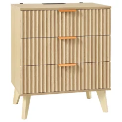 VEVOR Fluted Nightstands with Charging Station, Set of 2, Dresser for Bedroom with 3 Drawers, Mid Century Modern End Table, Bedside Cabinet Side Table Chest of Dresser, for Bedroom, Living Room, Khaki