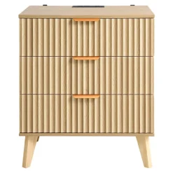 VEVOR Fluted Nightstands with Charging Station, Set of 2, Dresser for Bedroom with 3 Drawers, Mid Century Modern End Table, Bedside Cabinet Side Table Chest of Dresser, for Bedroom, Living Room, Khaki