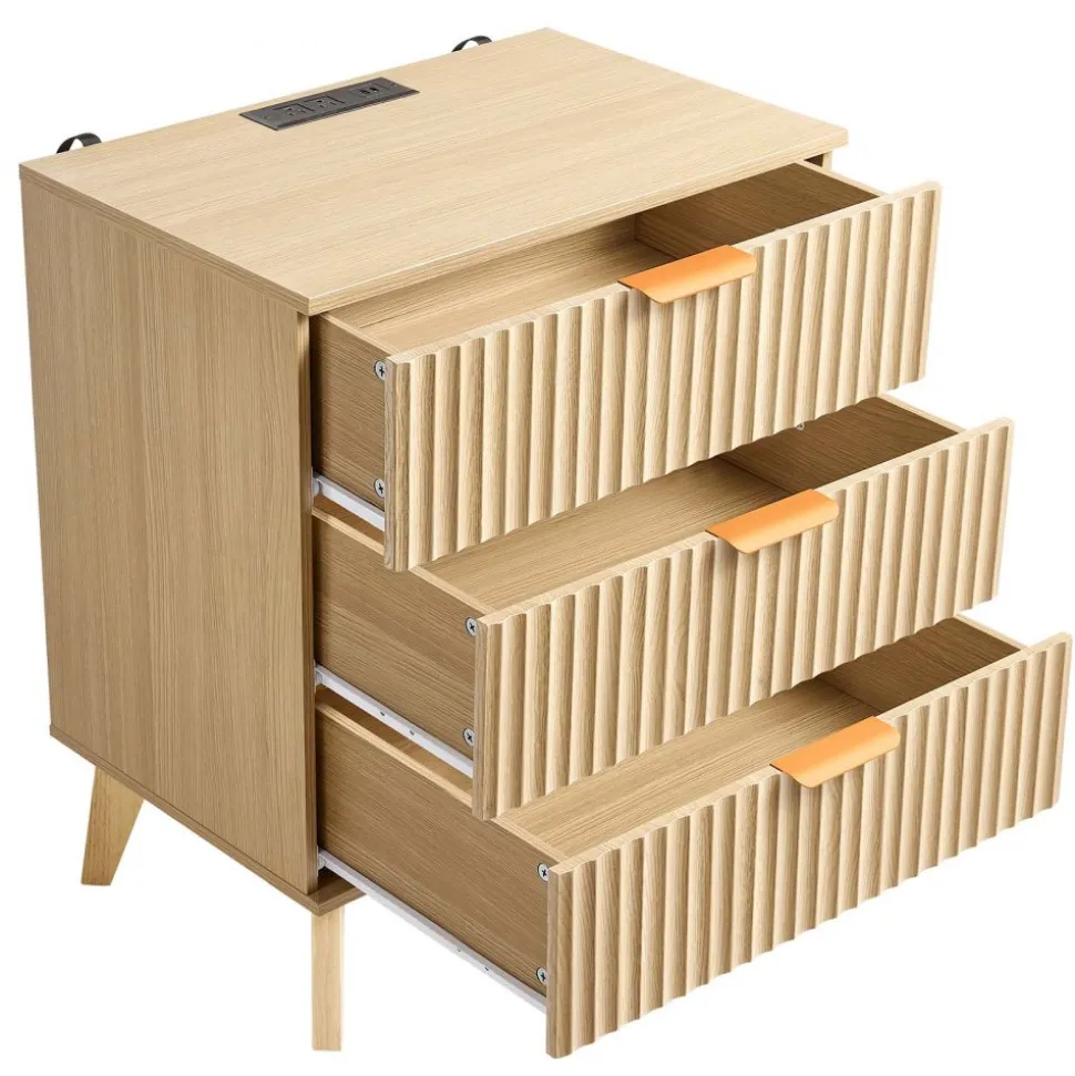 VEVOR Fluted Nightstand with Charging Station, with 3 Drawers, Dresser for Bedroom, Mid Century Modern End Table, Bedside Storage Cabinet Side Table Chest of Dresser, for Bedroom, Living Room, Khaki
