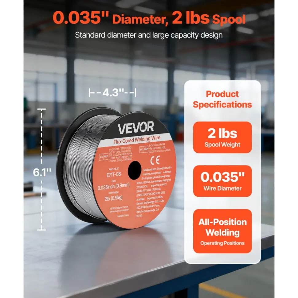 VEVOR Flux Core MIG Welding Wire, E71T-11 0.035-inch 1 LBS, Gasless Mild Steel Welding Wire with Low Spatter for All Position Arc Welding, Self-Shielded for Outdoor Use (Pack of 3 Rolls)