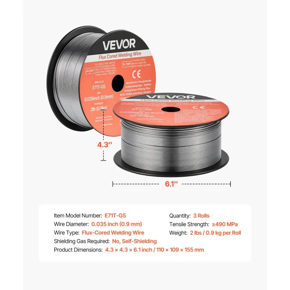 VEVOR Flux Core MIG Welding Wire, E71T-11 0.035-inch 1 LBS, Gasless Mild Steel Welding Wire with Low Spatter for All Position Arc Welding, Self-Shielded for Outdoor Use (Pack of 3 Rolls)