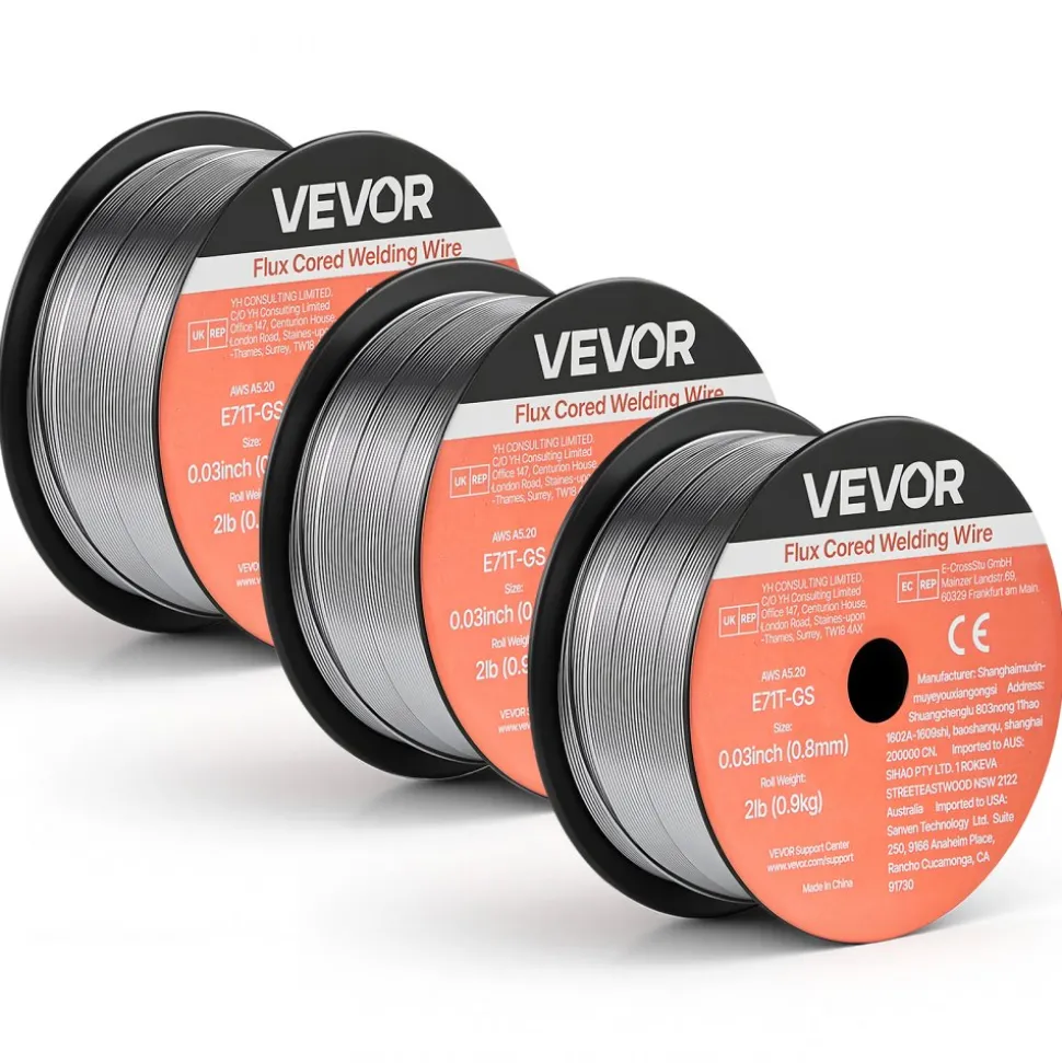 VEVOR Flux Core MIG Welding Wire, E71T-GS 0.03-inch 2 LBS, Gasless Mild Steel Welding Wire with Low Spatter for All Position Arc Welding, Self-Shielded for Outdoor Use (Pack of 3 Rolls)