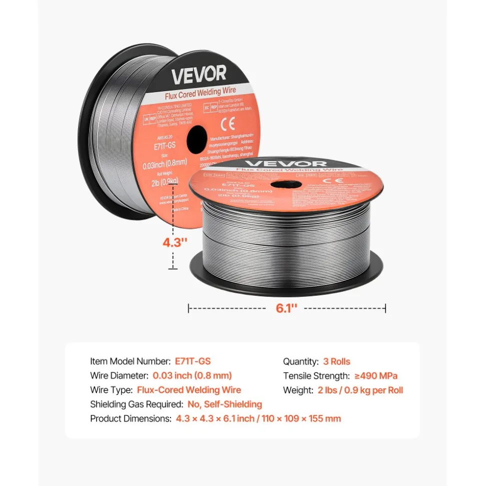 VEVOR Flux Core MIG Welding Wire, E71T-GS 0.03-inch 2 LBS, Gasless Mild Steel Welding Wire with Low Spatter for All Position Arc Welding, Self-Shielded for Outdoor Use (Pack of 3 Rolls)