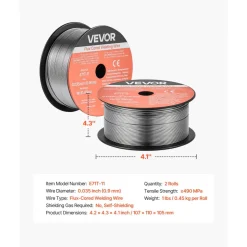 VEVOR Flux Core MIG Welding Wire, E71T-11 0.035-inch 1 LBS, Gasless Mild Steel Welding Wire with Low Spatter for All Position Arc Welding, Self-Shielded for Outdoor Use (Pack of 2 Rolls)