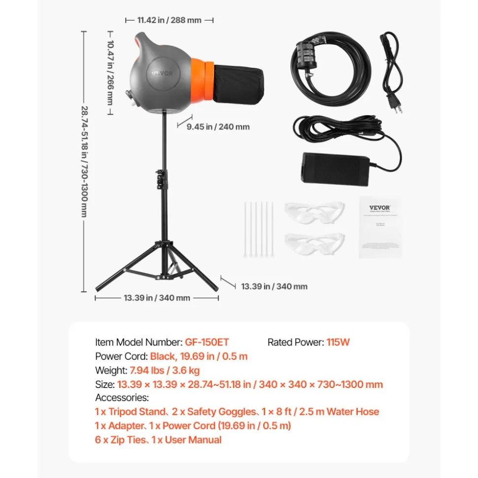VEVOR Foam Machine, 115 W Party Foam Cannon, Portable Foam Maker with a Tripod Stand, Powerful Foam Party Machine, for Backyard, Pool, Outdoor Events, Birthdays, Celebrations and Party, Grey & Orange