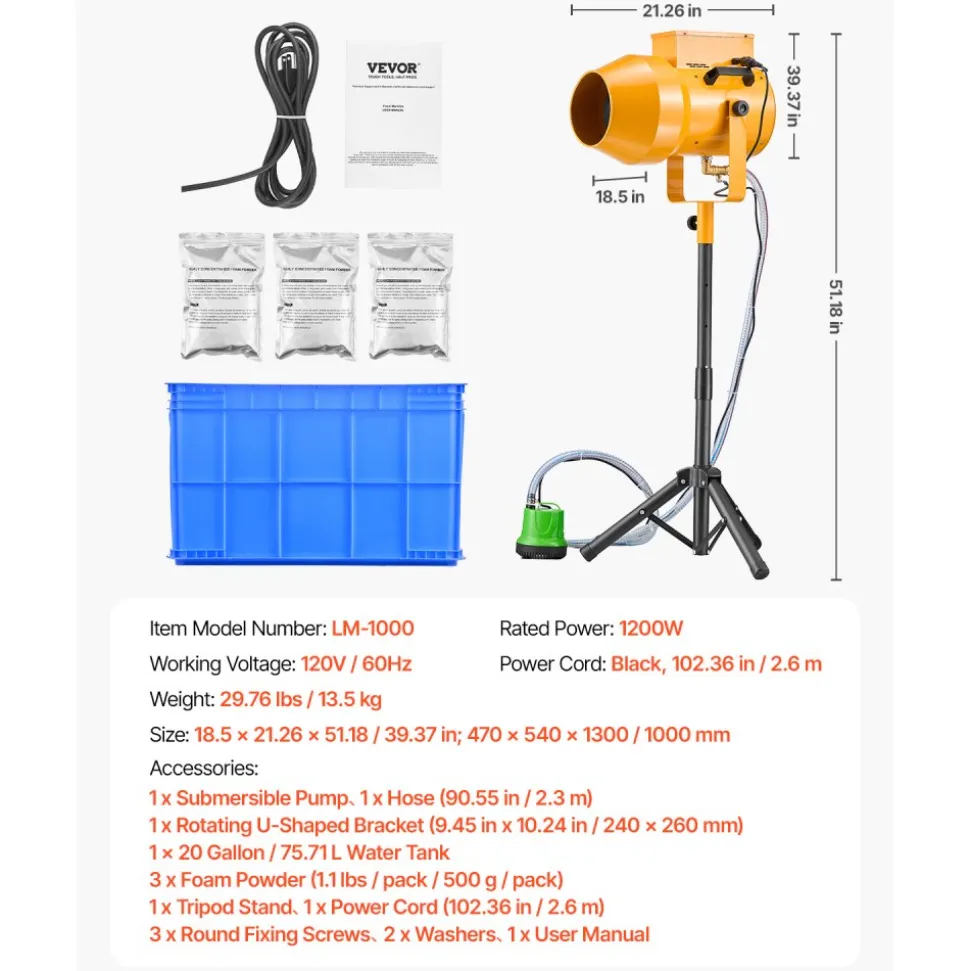 VEVOR Foam Machine, 1200 W Party Foam Cannon, Foam Maker with 3 Packs of Foam Powder, Foam Party Machine with 20 Gal Water Tank, for Backyard, Pool, Outdoor Events, Birthdays, Celebrations & Party