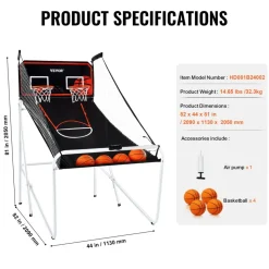 VEVOR Foldable Basketball Arcade Game, 2 Player Indoor Basketball Game, Home Dual Shot Sport with 4 Balls, 8 Game Modes, Electronic Scoreboard, and Inflation Pump, for Kids, Adults (Black & White)