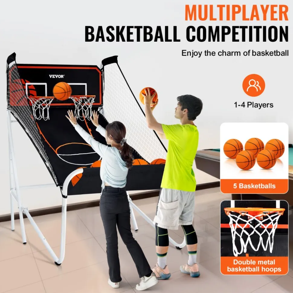 VEVOR Foldable Basketball Arcade Game, 2 Player Indoor Basketball Game, Home Dual Shot Sport with 5 Balls, 8 Game Modes, Electronic Scoreboard, and Inflation Pump, for Kids, Adults (Black & White)