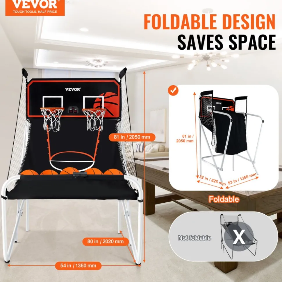 VEVOR Foldable Basketball Arcade Game, 2 Player Indoor Basketball Game, Home Dual Shot Sport with 5 Balls, 8 Game Modes, Electronic Scoreboard, and Inflation Pump, for Kids, Adults (Black & White)