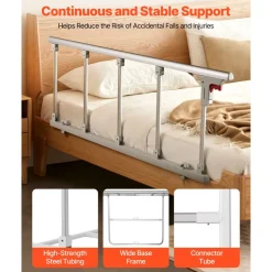 VEVOR Foldable Bed Rail for Elderly, 48 in Bedside Assist Rail with Fixing Strap, Adjustable Height Pipe Bedside Cane, High-Strength Metal Senior Bed Bar, Hand Guard Grab Fits King, Queen, Full, Twin