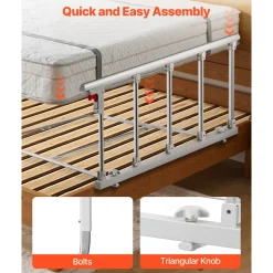 VEVOR Foldable Bed Rail for Elderly, 48 in Bedside Assist Rail with Fixing Strap, Adjustable Height Pipe Bedside Cane, High-Strength Metal Senior Bed Bar, Hand Guard Grab Fits King, Queen, Full, Twin