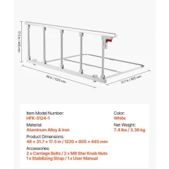 VEVOR Foldable Bed Rail for Elderly, 48 in Bedside Assist Rail with Fixing Strap, Adjustable Height Pipe Bedside Cane, High-Strength Metal Senior Bed Bar, Hand Guard Grab Fits King, Queen, Full, Twin