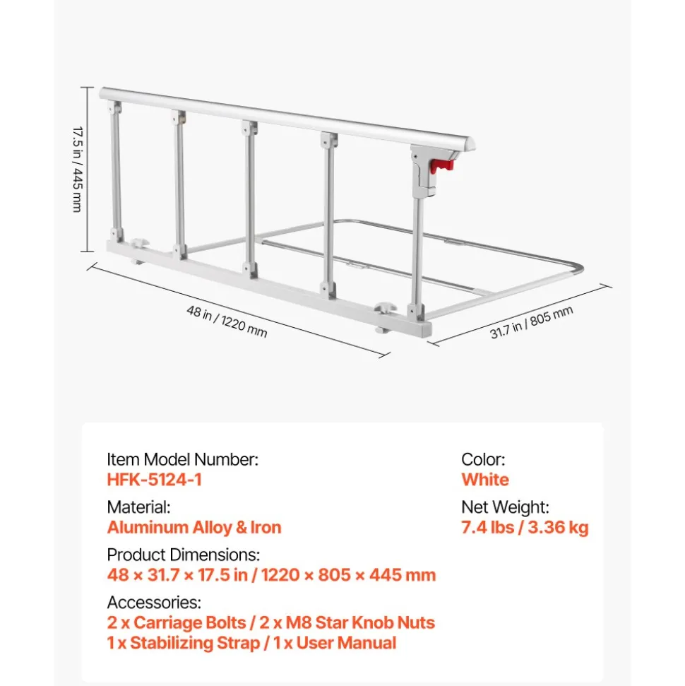 VEVOR Foldable Bed Rail for Elderly, 48 in Bedside Assist Rail with Fixing Strap, Adjustable Height Pipe Bedside Cane, High-Strength Metal Senior Bed Bar, Hand Guard Grab Fits King, Queen, Full, Twin