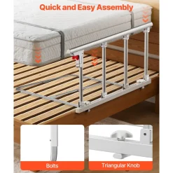 VEVOR Foldable Bed Rail for Elderly, 38 in Bedside Assist Rail with Fixing Strap, Adjustable Height Pipe Bedside Cane, High-Strength Metal Senior Bed Bar, Hand Guard Grab Fits King, Queen, Full, Twin