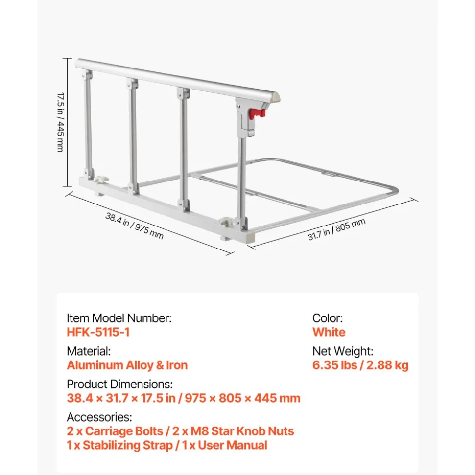 VEVOR Foldable Bed Rail for Elderly, 38 in Bedside Assist Rail with Fixing Strap, Adjustable Height Pipe Bedside Cane, High-Strength Metal Senior Bed Bar, Hand Guard Grab Fits King, Queen, Full, Twin