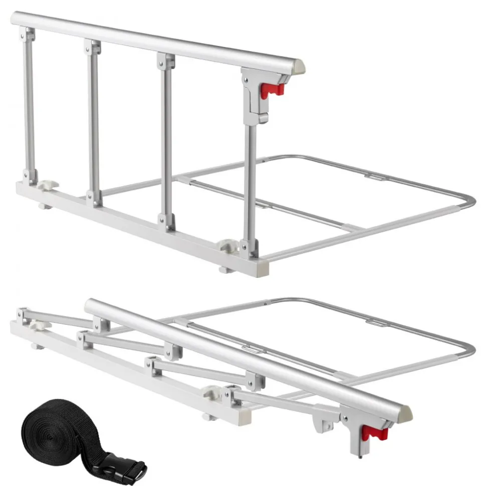 VEVOR Foldable Bed Rail for Elderly, 38 in Bedside Assist Rail with Fixing Strap, Adjustable Height Pipe Bedside Cane, High-Strength Metal Senior Bed Bar, Hand Guard Grab Fits King, Queen, Full, Twin