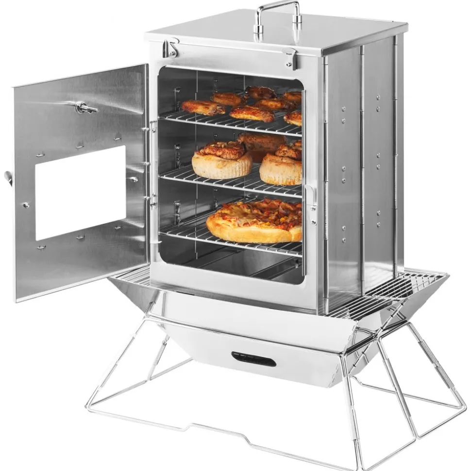 VEVOR Foldable Camping Oven, Stainless Steel Portable Camping Stove, with 3 Tier Grill, Handle and Thermometer, Use with Wood Burning Fire, Propane Stoves, for Baking Bread, Pizza, Outdoor Cooking