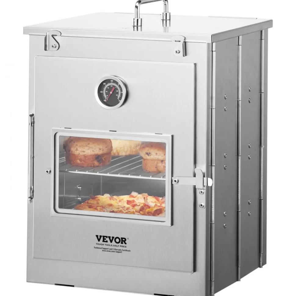 VEVOR Foldable Camping Oven, Stainless Steel Portable Camping Stove, with 3 Tier Grill, Handle and Thermometer, Use with Wood Burning Fire, Propane Stoves, for Baking Bread, Pizza, Outdoor Cooking