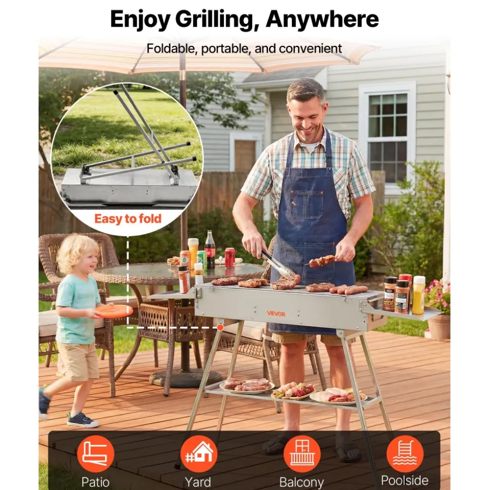 VEVOR Foldable Charcoal Grill, 250 sq.in. Portable Charcoal Barbecue Grill with Liftable Charcoal Tray & Side Tables, Brushed Stainless Steel BBQ Cooking Grills for Outdoor Camping Backyard Parties