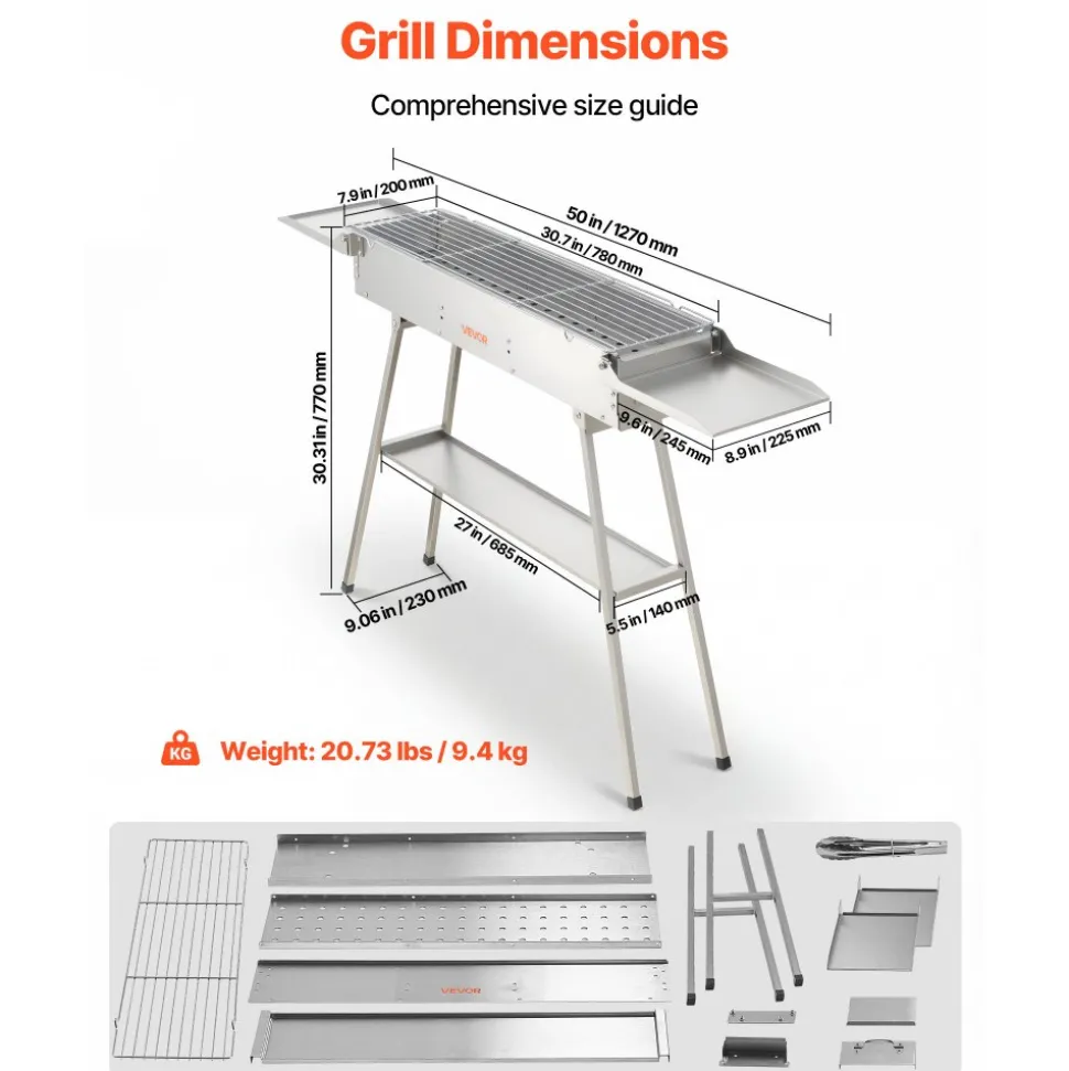 VEVOR Foldable Charcoal Grill, 250 sq.in. Portable Charcoal Barbecue Grill with Liftable Charcoal Tray & Side Tables, Brushed Stainless Steel BBQ Cooking Grills for Outdoor Camping Backyard Parties