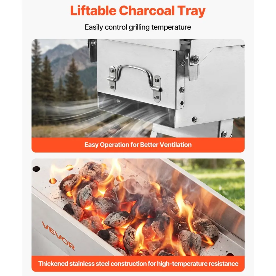 VEVOR Foldable Charcoal Grill, 250 sq.in. Portable Charcoal Barbecue Grill with Liftable Charcoal Tray & Side Tables, Brushed Stainless Steel BBQ Cooking Grills for Outdoor Camping Backyard Parties