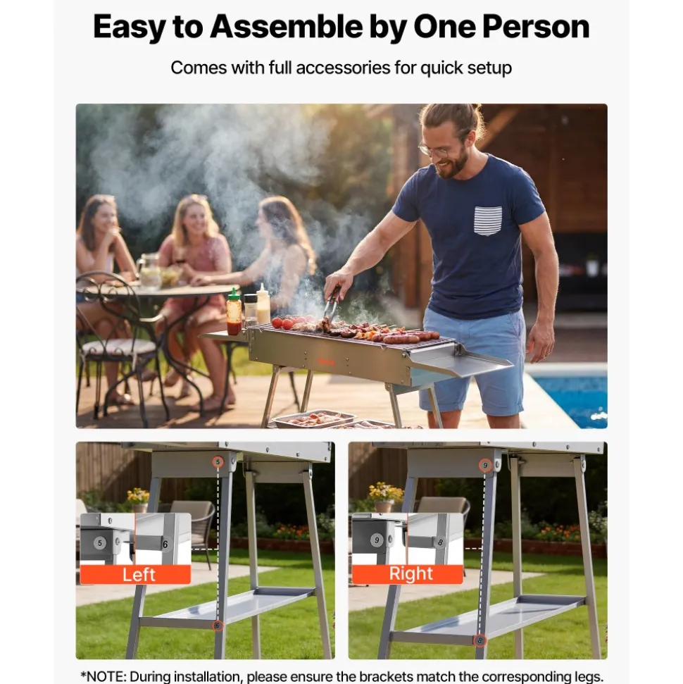 VEVOR Foldable Charcoal Grill, 250 sq.in. Portable Charcoal Barbecue Grill with Liftable Charcoal Tray & Side Tables, Brushed Stainless Steel BBQ Cooking Grills for Outdoor Camping Backyard Parties