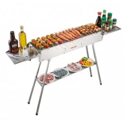 VEVOR Foldable Charcoal Grill, 250 sq.in. Portable Charcoal Barbecue Grill with Liftable Charcoal Tray & Side Tables, Brushed Stainless Steel BBQ Cooking Grills for Outdoor Camping Backyard Parties