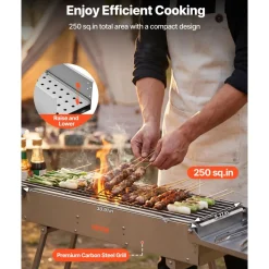 VEVOR Foldable Charcoal Grill, 250 sq.in. Portable Charcoal Barbecue Grill with Liftable Charcoal Tray & Side Tables, Brushed Stainless Steel BBQ Cooking Grills for Outdoor Camping Backyard Parties