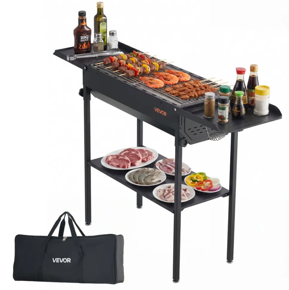 VEVOR Foldable Charcoal Grill, Portable Charcoal Barbecue Grill with Adjustable Height & Folding Side Tables, High-Temp Powder-Coated Steel Outdoor BBQ Grills for Camping Backyard Parties
