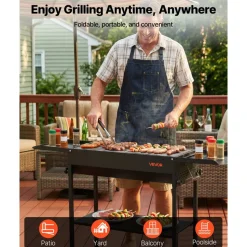 VEVOR Foldable Charcoal Grill, Portable Charcoal Barbecue Grill with Adjustable Height & Folding Side Tables, High-Temp Powder-Coated Steel Outdoor BBQ Grills for Camping Backyard Parties