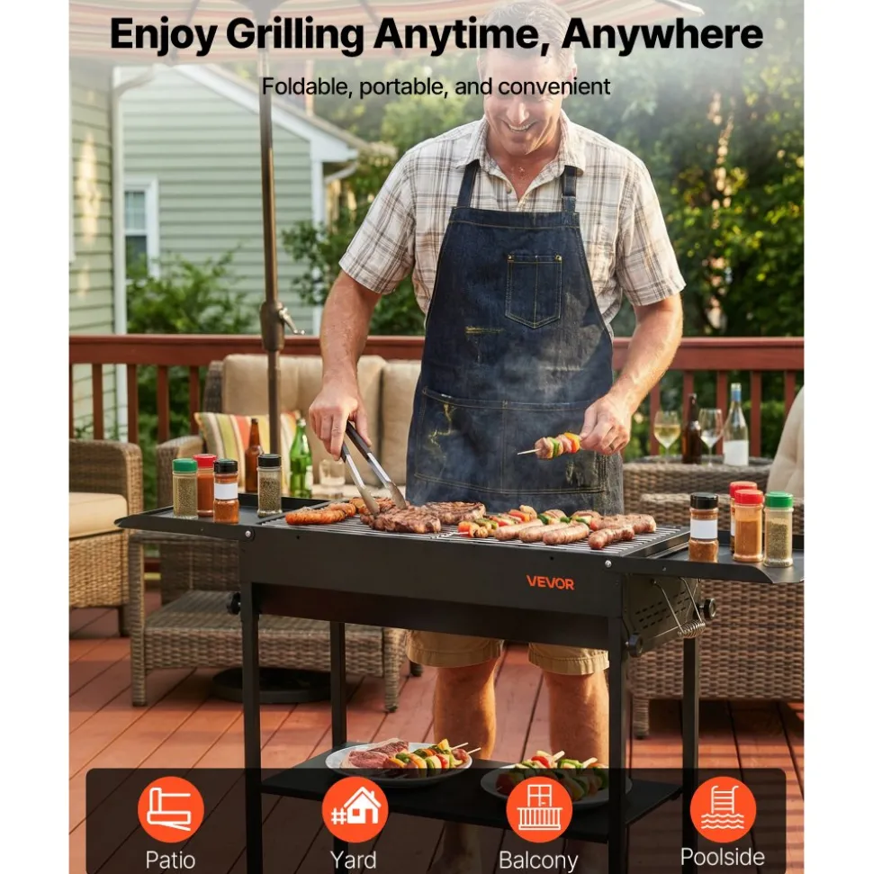 VEVOR Foldable Charcoal Grill, Portable Charcoal Barbecue Grill with Adjustable Height & Folding Side Tables, High-Temp Powder-Coated Steel Outdoor BBQ Grills for Camping Backyard Parties