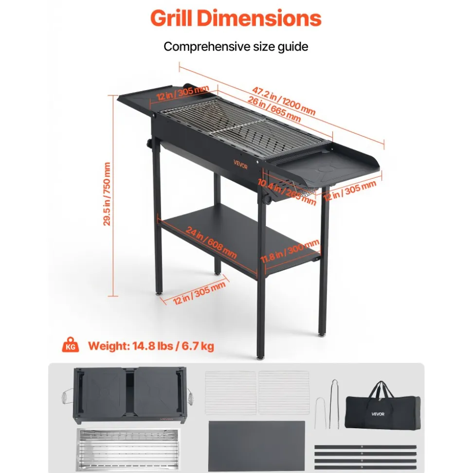 VEVOR Foldable Charcoal Grill, Portable Charcoal Barbecue Grill with Adjustable Height & Folding Side Tables, High-Temp Powder-Coated Steel Outdoor BBQ Grills for Camping Backyard Parties