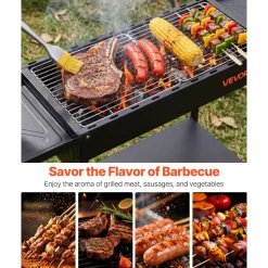 VEVOR Foldable Charcoal Grill, Portable Charcoal Barbecue Grill with Adjustable Height & Folding Side Tables, High-Temp Powder-Coated Steel Outdoor BBQ Grills for Camping Backyard Parties