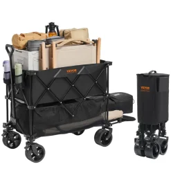 VEVOR Foldable Double Decker Wagon, 400L Collapsible Wagon Cart with All-Terrain Wheels, Heavy Duty Folding Wagon Cart 350-450 lbs Weight Capacity for Camping, Shopping, Garden, 52