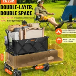 VEVOR Foldable Double Decker Wagon, 400L Collapsible Wagon Cart with All-Terrain Wheels, Heavy Duty Folding Wagon Cart 350-450 lbs Weight Capacity for Camping, Shopping, Garden, 52