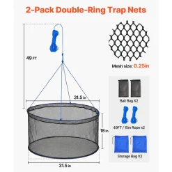 VEVOR Foldable Fishing Net, Landing Fishing Pier Nets, Portable Drop Net for Pulling up Fish, Durable and Fish-friendly, with Rope and Storage Bag, for Minnows, Crawfish, Shrimp, Crab