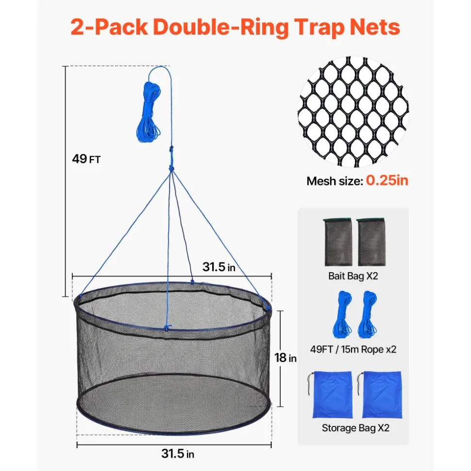 VEVOR Foldable Fishing Net, Landing Fishing Pier Nets, Portable Drop Net for Pulling up Fish, Durable and Fish-friendly, with Rope and Storage Bag, for Minnows, Crawfish, Shrimp, Crab