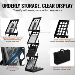 VEVOR Foldable Magazine Display Rack, 4-Tier Brochure Literature Display Stand, Portable Catalog Brochure Holder Stand with Carrying Bag for Office Trade Show Exhibitions, 4 Pockets