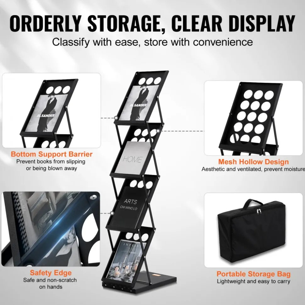 VEVOR Foldable Magazine Display Rack, 4-Tier Brochure Literature Display Stand, Portable Catalog Brochure Holder Stand with Carrying Bag for Office Trade Show Exhibitions, 4 Pockets