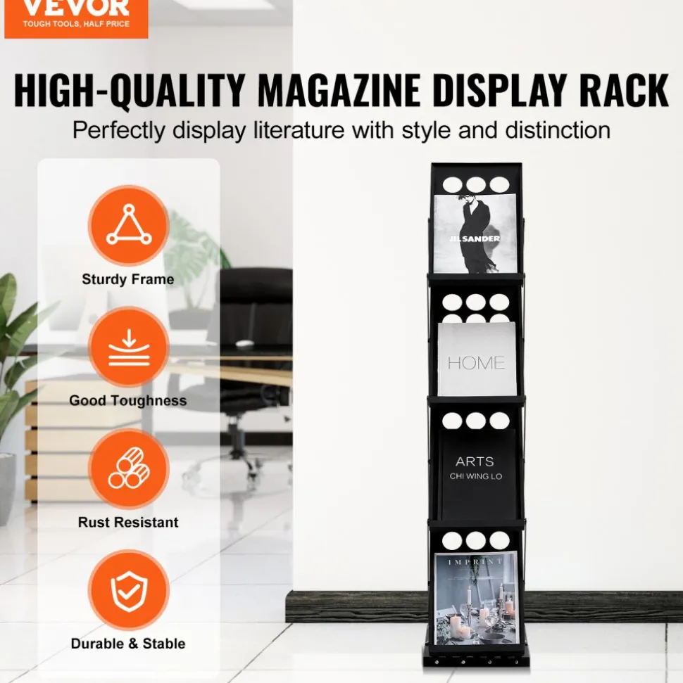 VEVOR Foldable Magazine Display Rack, 4-Tier Brochure Literature Display Stand, Portable Catalog Brochure Holder Stand with Carrying Bag for Office Trade Show Exhibitions, 4 Pockets