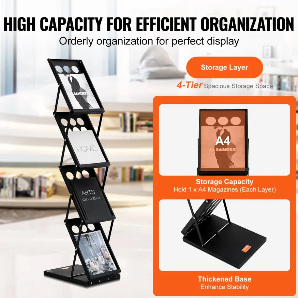 VEVOR Foldable Magazine Display Rack, 4-Tier Brochure Literature Display Stand, Portable Catalog Brochure Holder Stand with Carrying Bag for Office Trade Show Exhibitions, 4 Pockets