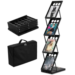 VEVOR Foldable Magazine Display Rack, 4-Tier Brochure Literature Display Stand, Portable Catalog Brochure Holder Stand with Carrying Bag for Office Trade Show Exhibitions, 4 Pockets