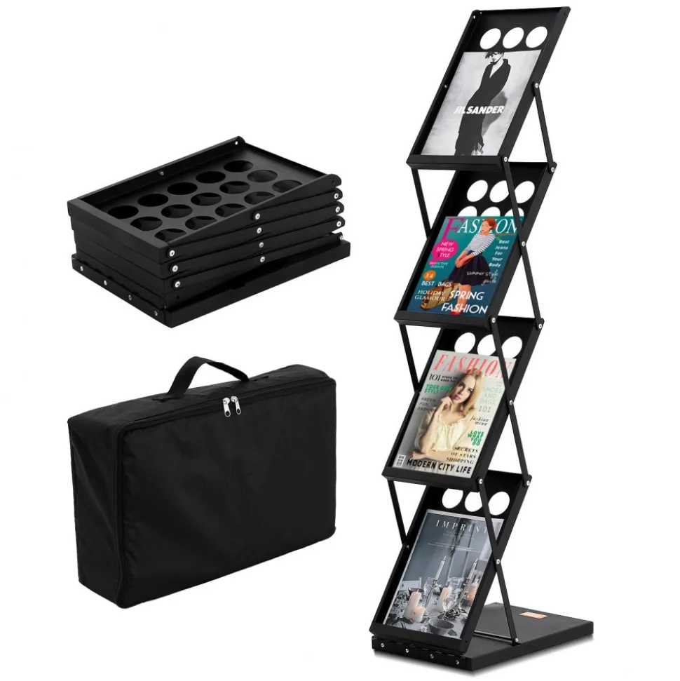 VEVOR Foldable Magazine Display Rack, 4-Tier Brochure Literature Display Stand, Portable Catalog Brochure Holder Stand with Carrying Bag for Office Trade Show Exhibitions, 4 Pockets