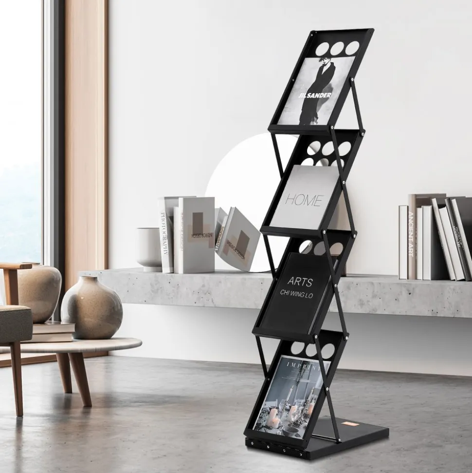 VEVOR Foldable Magazine Display Rack, 4-Tier Brochure Literature Display Stand, Portable Catalog Brochure Holder Stand with Carrying Bag for Office Trade Show Exhibitions, 4 Pockets