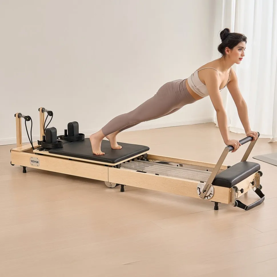 VEVOR Foldable Pilates Reformer, Wooden Pilates Workout Machine for Home Gym Studio Use, Pilates Bed with Dual Resistance- Spring & Cord, Reformer Set with Sitting Box, Up to 400 LBS
