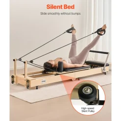 VEVOR Foldable Pilates Reformer, Wooden Pilates Workout Machine for Home Gym Studio Use, Pilates Bed with Dual Resistance- Spring & Cord, Reformer Set with Sitting Box, Up to 400 LBS