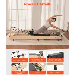 VEVOR Foldable Pilates Reformer, Wooden Pilates Workout Machine for Home Gym Studio Use, Pilates Bed with Dual Resistance- Spring & Cord, Reformer Set with Sitting Box, Up to 400 LBS
