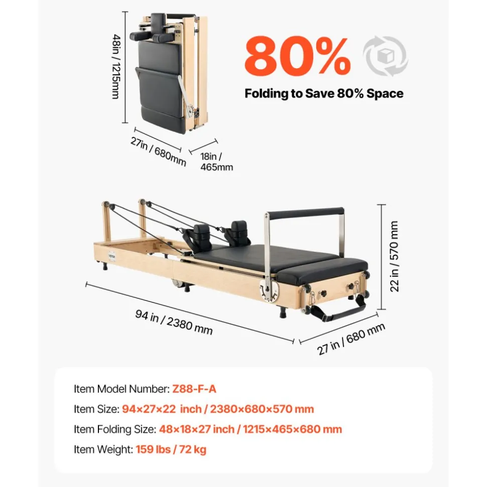VEVOR Foldable Pilates Reformer, Wooden Pilates Workout Machine for Home Gym Studio Use, Pilates Bed with Dual Resistance- Spring & Cord, Reformer Set with Sitting Box, Up to 400 LBS