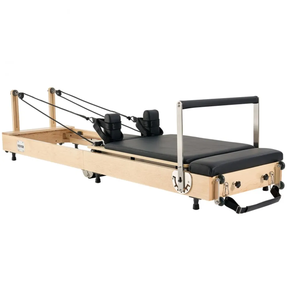VEVOR Foldable Pilates Reformer, Wooden Pilates Workout Machine for Home Gym Studio Use, Pilates Bed with Dual Resistance- Spring & Cord, Reformer Set with Sitting Box, Up to 400 LBS